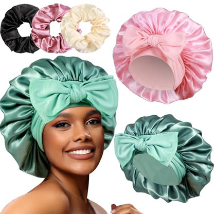 2+3 Large Satin Bonnets with Scrunchies for Women, Hair Bonnet Sleeping Tie Bonnet for Braids Curly Hair - color: I - Green, Blush Pink