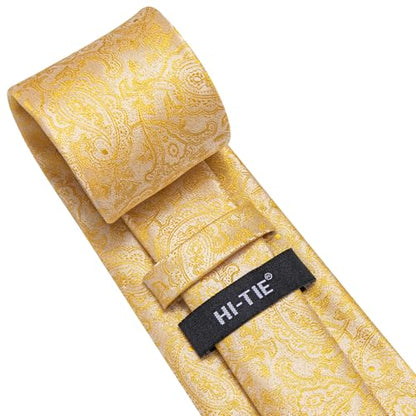 Hi-Tie Men's Silk Ties Formal Woven Classic Necktie Pocket Square Cufflinks Lapel Pin Set Wedding Business - color: A Yellow