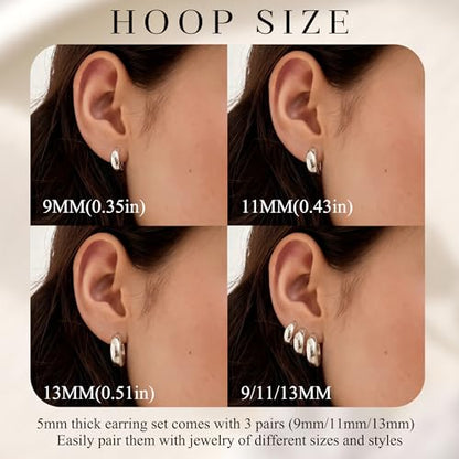 5mm Chunky Hoop Earrings Set, 3 Pairs Durable Bold Small Gold Hoop Earrings, Hypoallergenic 925 Silver Post Huggie Hoops, Lightweight Stacked-Style Thick Hoops Earring for Women - color: Silver, size: 9/11/13mm