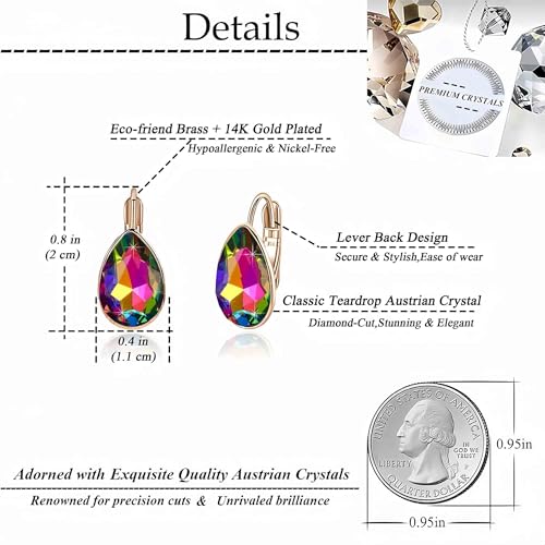 Austrian Crystal Teardrop Leverback Drop Earrings for Women | 14K Gold-Plated Finish, Sparkling Pear Stone, Smooth Bezel Frame, Secure Leverback Closure, Dainty Day-To-Evening Style - color: Vitrail Medium