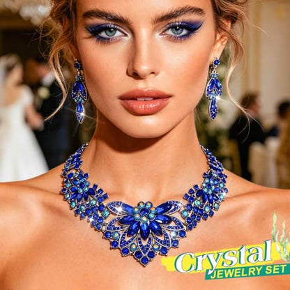 Yonamix Gold Jewelry Set Wedding Rhinestone Necklace Sets for Women | Formal Prom Dinner Party Gala Night Crystal Flower Necklaces Earrings - color: E Blue