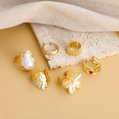 3/6 PCS Silver Chunky Pearl Rings Set for Women Gold Baroque Pearl Flower Open Ring Adjustable Crystal Large Ring Set Personalized Statement Knuckle Rings Fashion Costume Jewelry Accessories - color: crystal gold