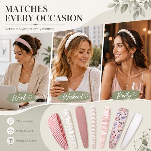 7 Pcs Cute Multi-style Headbands, Non Slip Pearl Floral Padded Wide Fashion Multi-style Headband for Women Girls