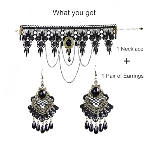 iWenSheng Halloween Costumes Jewelry for Women - Steampunk Black Lace Choker Necklace Gothic Jewelry Accessories, Vampire Choker Necklace Costume for Teen Girls - color: Black