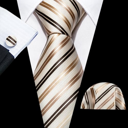 YOHOWA Men Plaid/Striped Ties Clip Set Silk Necktie Pocket Square Cufflinks | Woven Classic,Formal/Casual Mens Tie,Pocket Square Cufflinks Set,Luxury,Business,Wedding,Party,Prom,Graduation - color: Beige Black