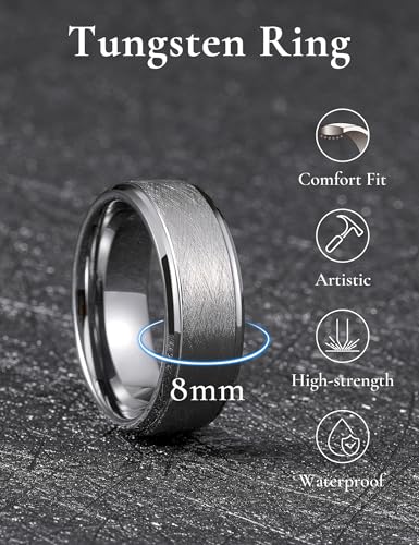 King Will Classic Tungsten Carbide Ring Brushed Two Grooved Center Hammered Design Mens Wedding Band for Men | Black/Silver/Gold, 8mm, Men's Wedding Band, Grooved, Comfort Fit, Everyday Wear - color: C-Silver 8mm