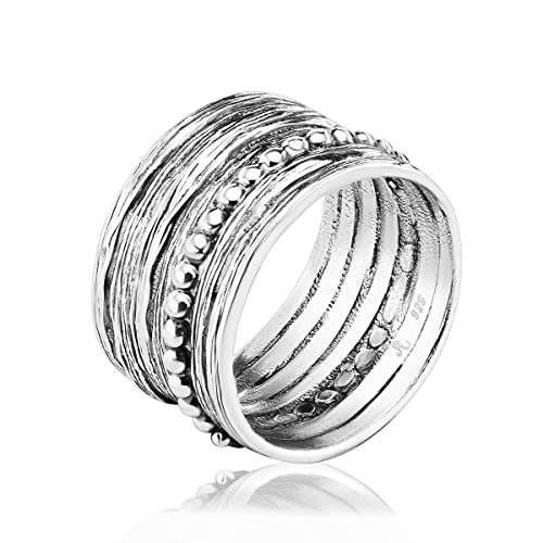 Jean Rachel Jewelry 925 Sterling Silver Wide Ring Multi Texture and Beads, Oxidized, Vintage Look Stylish Hypoallergenic, Nickel and Lead-free, Artisan Handcrafted Designer Collection (Size 5-11)