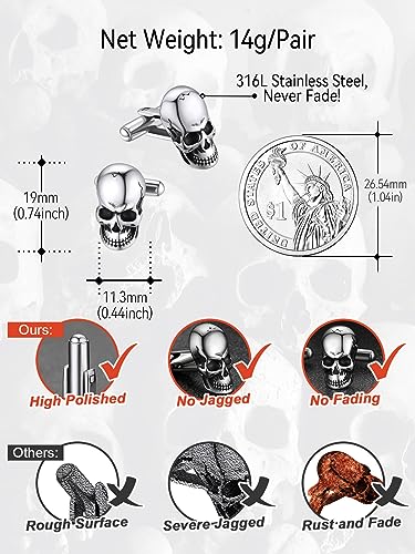 FaithHeart Mens Cufflinks, Norse Viking Tuxedo Shirt Cuff Links, Stainless Steel Cuff Links and Shirt Studs, Gift Box - style: 05. Skull Head-Silver