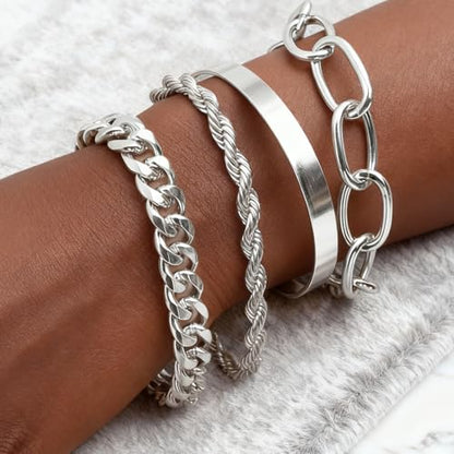 Gold Bracelets for Women, 5 Pcs Non-Tarnish Gold Plated Stackable Bangles with Beaded, Knot, Twisted, Cuff & Chain Designs, Everyday Jewelry Gifts - color: Silver-4pcs
