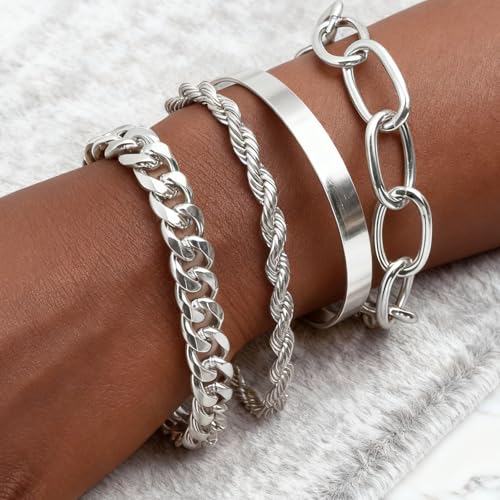 Gold Bracelets for Women, 5 Pcs Non-Tarnish Gold Plated Stackable Bangles with Beaded, Knot, Twisted, Cuff & Chain Designs, Everyday Jewelry Gifts - color: Silver-4pcs