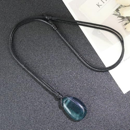 Natural Gemstone Pendant Necklace Healing Crystal Stone Choker Necklace Adjustable Waxed Black Rope for Men - color: Fluorite