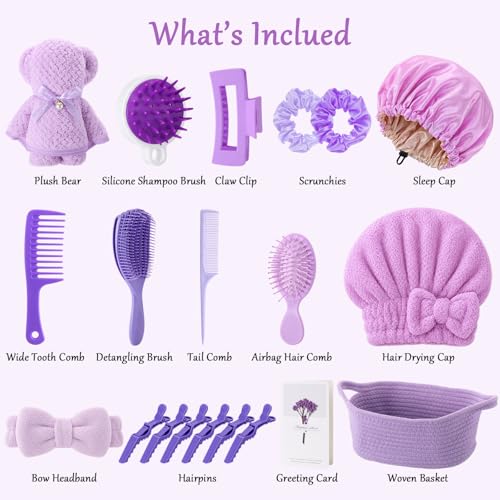 20 Pcs Gift Basket for Women Hair Care Pack Includes Self Care Beauty Set Hair brush Set for Women, Mom Friend Sister Wife Grandma Girlfriend Daughter(Purple) - color: Purple