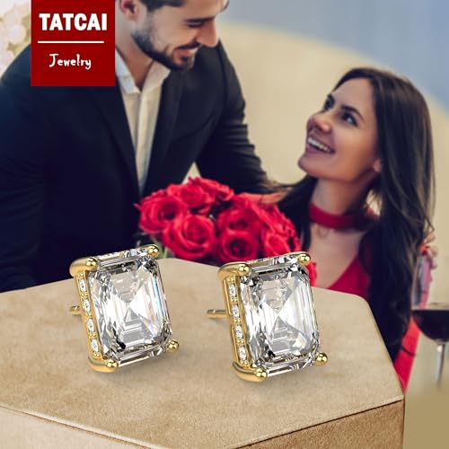 18K White Gold Plated Sterling Silver Emerald Cut Cubic Zirconia Stud Earrings Clear CZ Diamond Stud Earrings for Women Men Hypoallergenic - color: Gold, size: 5MM*7MM
