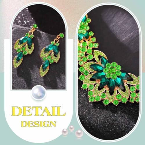 Yonamix Gold Jewelry Set Wedding Rhinestone Necklace Sets for Women | Formal Prom Dinner Party Gala Night Crystal Flower Necklaces Earrings - color: C Green