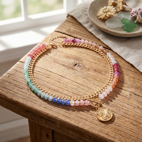 Colorful Acrylic Beaded Necklace For Women, Boho Double Layer Rainbow Beads Thick Cuban Chain Chunky Heart Pendant Statement Choker Summer Beach Jewelry Gift - color: Colorful Gold Coin Butterfly