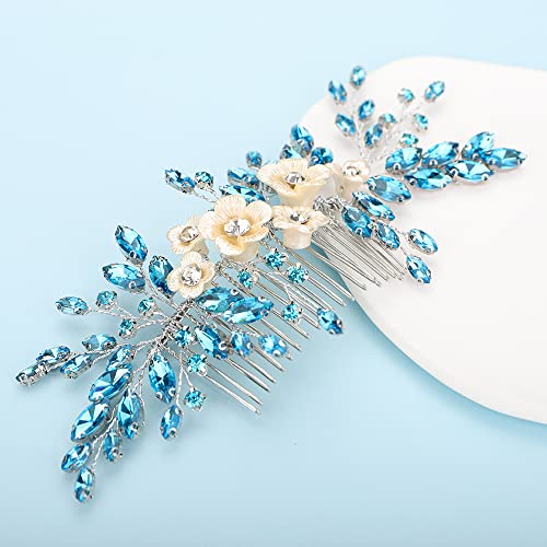 Bridal White Flower Light Blue Crystal Rhinestone Hair Comb for Bride Bridesmaid Sliding side Headpieces Wedding Hair Accessories for Women and Girls (Blue 1) - color: Blue 1