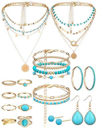 Inbagi Maitys 15 Pcs Halloween Jewelry Women Chain Necklace Bracelet Stud Earrings Hoops Bracelet Big Circle Earring Rings Set - style: Gold Turquoise