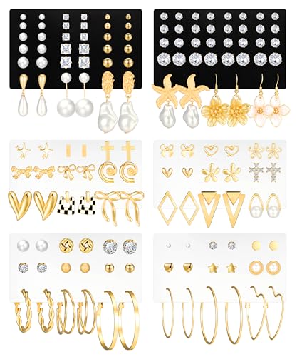 84 Pairs Gold Stud Earrings Set for Women Multipack, Fashion Pearl Cubic Zirconia Butterfly Earrings Packs Piercings, Hypoallergenic Stud Hoops Earrings for Gift - color: Style08-gold