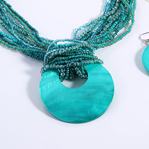 Coiris Multi Strand Statement Colorful Beaded Necklace with Big Circle Shell Pendant for Women - color: Teal-