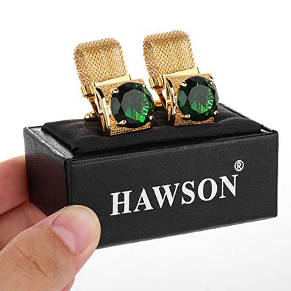 HAWSON Mens Cufflinks with Chain - Stone and Shiny Gold Tone Shirt Accessories - Party Gifts for Young Men - color: 24K Gold Color+Green Crystal