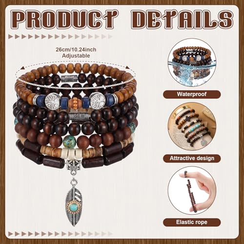 Tondiamo 48 Pcs Punk Wooden Beads Bracelets Gothic Bracelet for Men Adjustable Bulk Vintage Beaded Bracelet Metal Set Wood Bangles Wristbands Commemorative Gift