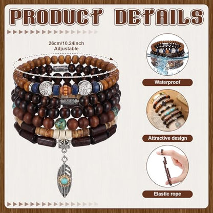 Tondiamo 48 Pcs Punk Wooden Beads Bracelets Gothic Bracelet for Men Adjustable Bulk Vintage Beaded Bracelet Metal Set Wood Bangles Wristbands Commemorative Gift
