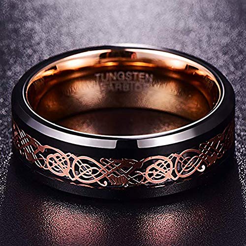 NUNCAD Men's Wedding Band 8mm Black Tungsten Carbide Ring Celtic Dragon Inlay Polished Finish Size 5-15 - color: B-Black & Rose Gold