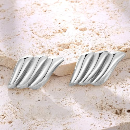 Geometric Rectangle Gold Plated Stud Earrings Irregular Hammered Chunky Statement Square Earrings for Women Trendy - color: Silver Wings