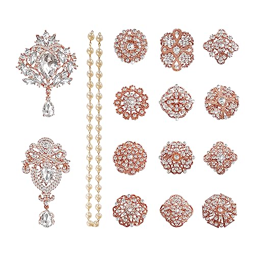 Rhinestone Brooches Crystal Brooch Pins, Pearl Crystal Wedding Bouquet kit Set - color: Rose Gold-14pcs