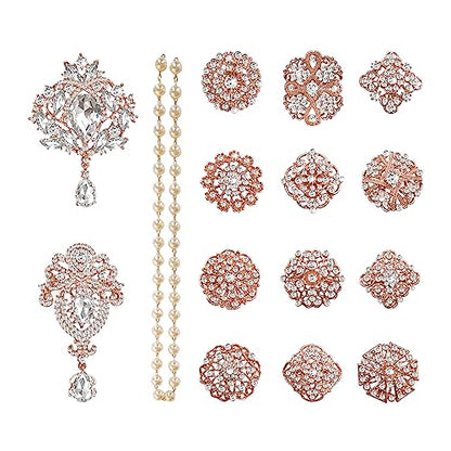 Rhinestone Brooches Crystal Brooch Pins, Pearl Crystal Wedding Bouquet kit Set - color: Rose Gold-14pcs