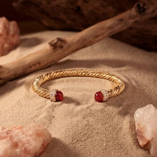 Fettero Gold Cuff Bangle Bracelets for Women - Adjustable Open Cuff Bangles 14K Gold Plated Charm Twisted Cable Bangle Bracelet for Mom Dainty Jewelry Gift - color: Red