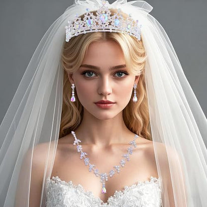 Crystal Crown and Tiara Jewelry Set for Women Bride with Necklace Earrings | Metal Rhinestone Royal Queen Princess Jewelry Set Wedding Quinceanera Pageant Prom Birthday Halloween Party Costume Gift - color: Silver ab