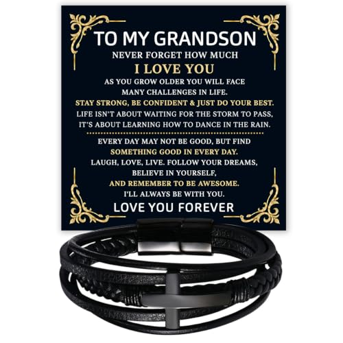 To My GrandSon Bracelet – Cross Braided Leather Bracelet, Meaningful GrandSon Gift from Grandpa & Grandma with Heartfelt Message Card & Elegant Gift Box for Birthday, Christmas, Graduation - color: Version#8