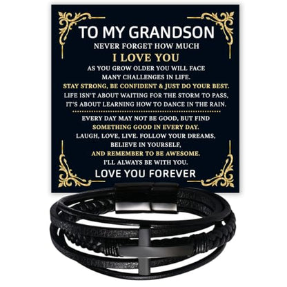 To My GrandSon Bracelet – Cross Braided Leather Bracelet, Meaningful GrandSon Gift from Grandpa & Grandma with Heartfelt Message Card & Elegant Gift Box for Birthday, Christmas, Graduation - color: Version#8