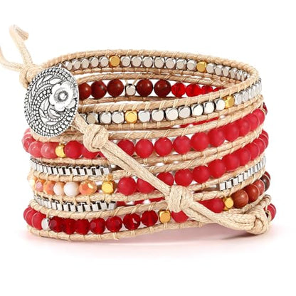 Boho 5 Wrap Bead Bracelet for Men Women - Handmade Adjustable Natural Chakras Stone Crystal Beaded Bracelets Cuff Rope Yoga Healing Bracelet Bangle Hippie Jewelry - color: Red