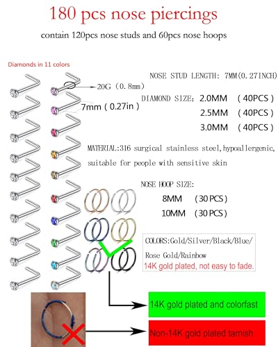 180Pcs 20G Surgical Stainless Steel Nose Rings Hoops Straight/L Shapes Nose Studs 2.0/2.5/3.0mm Cubic zirconia Hypoallergenic Nose Studs Silver Gold Rose Gold Black Rainbow Blue Lip Rings Nose Rings Piercing Jewelry Set for Women Men - style: A:Hoops &L S
