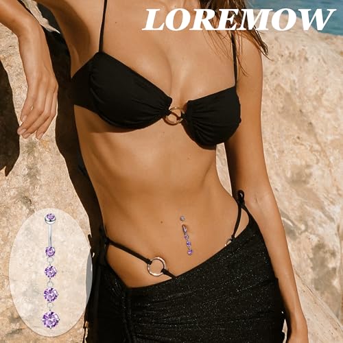 14G G23 Pure Titanium Dangle Belly Button Rings for Women Dangling Belly Ring Curved Barbell Internally Threaded Navel Rings CZ Navel Piercing Jewelry - color: Purple