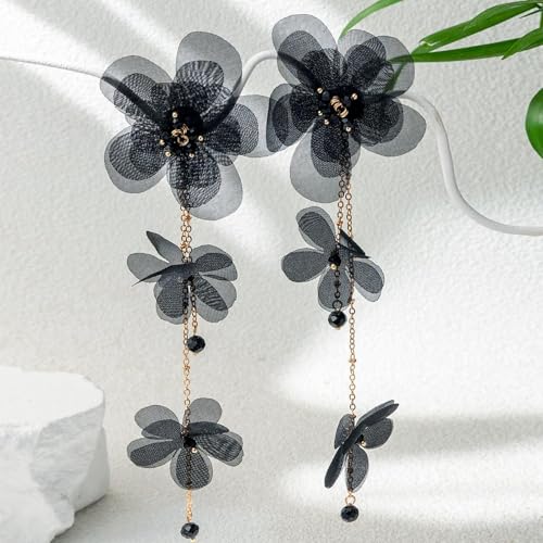 Flower Earrings for Women Long Fabric Flower Tassel Earrings Bohemian Handmade Floral Statement Earring Wedding Prom Jewelry Gifts - color: A3：black