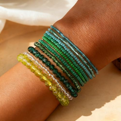 Handmade Stackable Rice Seed Beaded Ball Bracelets set for women, Romantic Boho Trendy Acrylic Glass Stretch Accessories Multi Layer Jewelry, Daily Wear Party Holiday Friendship Gift - color: Green