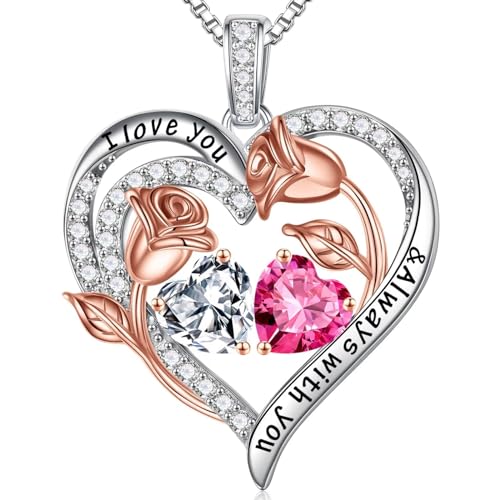 Iefil Birthstone Necklace for Women - Rose Heart Necklace | 925 Sterling Silver, Gift Box Packaging, Anniversary Birthday Gifts for Wife Mom Daughter - color: 04-10-Apr-Oct Birthstone