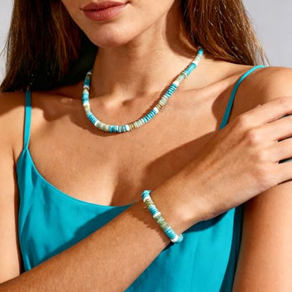 Beaded Necklaces for Women 3Pcs Colorful Boho Gemstone Bead Choker Summer Natural Stone Surfer Beach Bead Necklace Bracelets Earring Set Handmade Jewelry for Women Gift Jewelry Sets - color: 03-turquoise