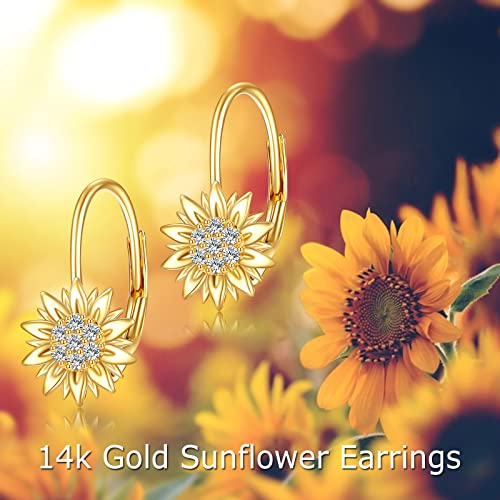 KECHO 14k Yellow Gold Sunflower Jewelry for Women, Fine Gold You are My Sunshine Jewelry Gifts for Her - style: Sunflower Leverback