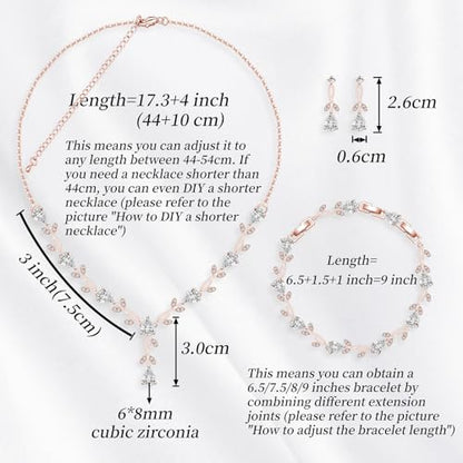 GZWHD Wedding Jewelry Sets for Bride Bridesmaid Women Cubic Zirconia Necklace Earrings Bracelet Set Gift for Mother Friend Wife Daughter Sister Party Prom Jewelry - color: Rose Gold-White
