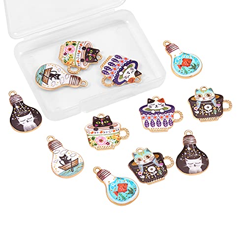 KitBeads 12pcs Enamel Cat & Bulb Charms Coffee Cup Charms for Jewelry Making DIY Accessories for Girls (6 Styles)