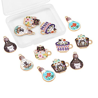 KitBeads 12pcs Enamel Cat & Bulb Charms Coffee Cup Charms for Jewelry Making DIY Accessories for Girls (6 Styles)