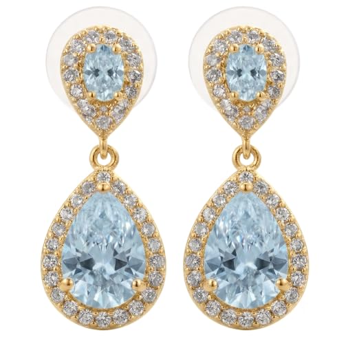 Mariell Cubic Zirconia Crystal Teardrop Dangle Bridal and Wedding Earrings, CZ Jewelry for Brides, Bridesmaids, Homecoming, Prom and Dressy Everyday Wear - color: Gold-Blue Cubic Zirconia