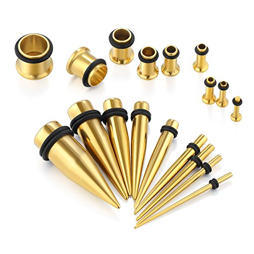 vcmart 14G-00G 36 pcs Ear Gauges Stretching Kit Tapers Plugs Eyelets Implant Grade Steel - color: Gold