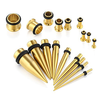 vcmart 14G-00G 36 pcs Ear Gauges Stretching Kit Tapers Plugs Eyelets Implant Grade Steel - color: Gold