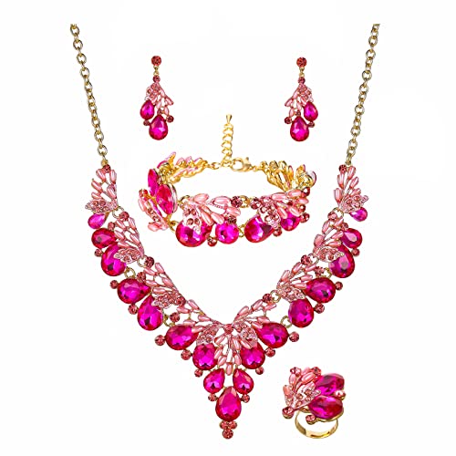 Jewelry Set for Women, Statement Necklace Dangle Earrings Bracelet Ring, White/KC Gold Plated Jewelry Set with Rhinestone Pearl Crystal Wedding Party Jewelry for Bridal Bridesmaid - color: Rose Red-Gold Plated