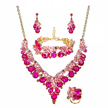 Jewelry Set for Women, Statement Necklace Dangle Earrings Bracelet Ring, White/KC Gold Plated Jewelry Set with Rhinestone Pearl Crystal Wedding Party Jewelry for Bridal Bridesmaid - color: Rose Red-Gold Plated